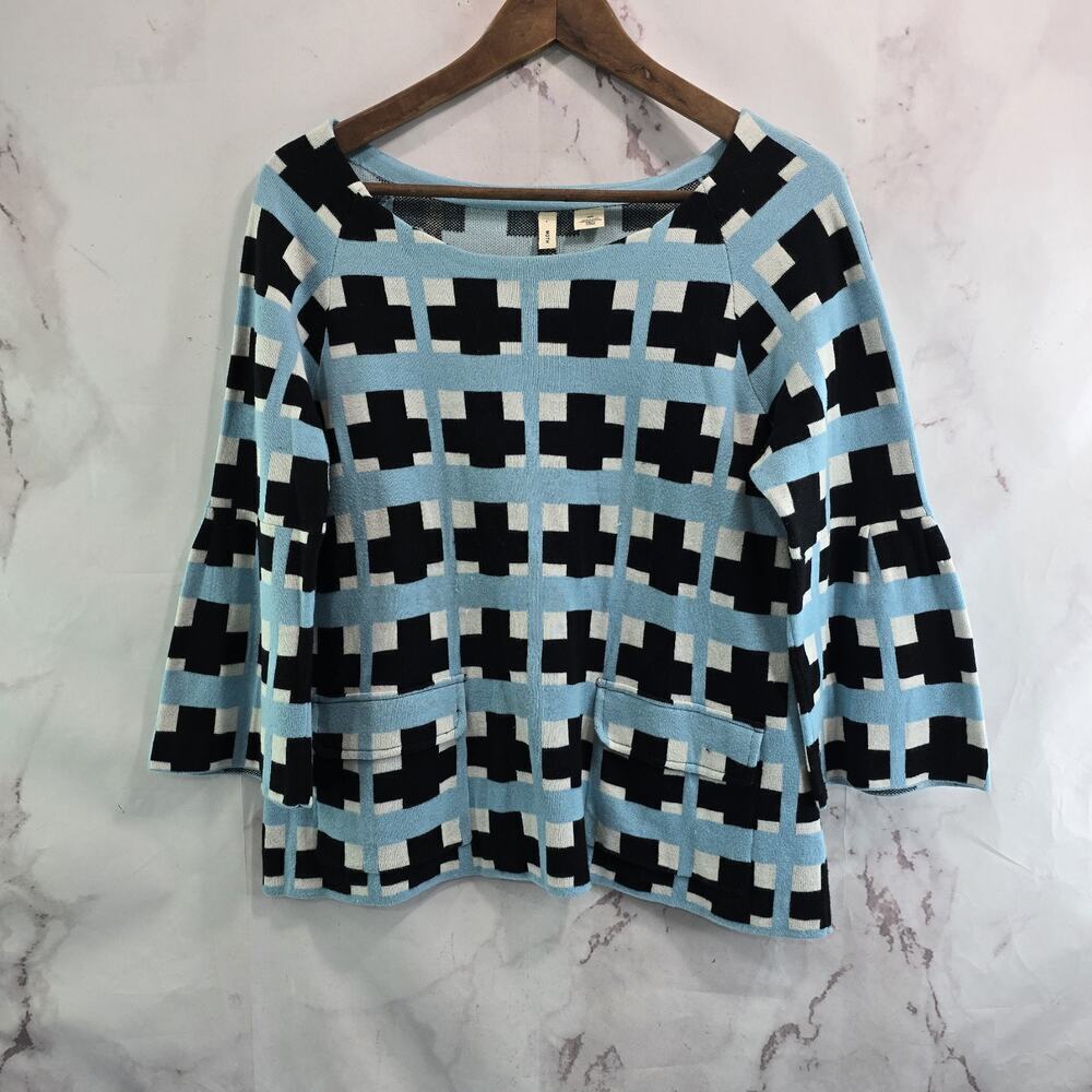 Anthropologie Sweater Women Medium Blue Black Pocket Bell Flared Sleeve Swing